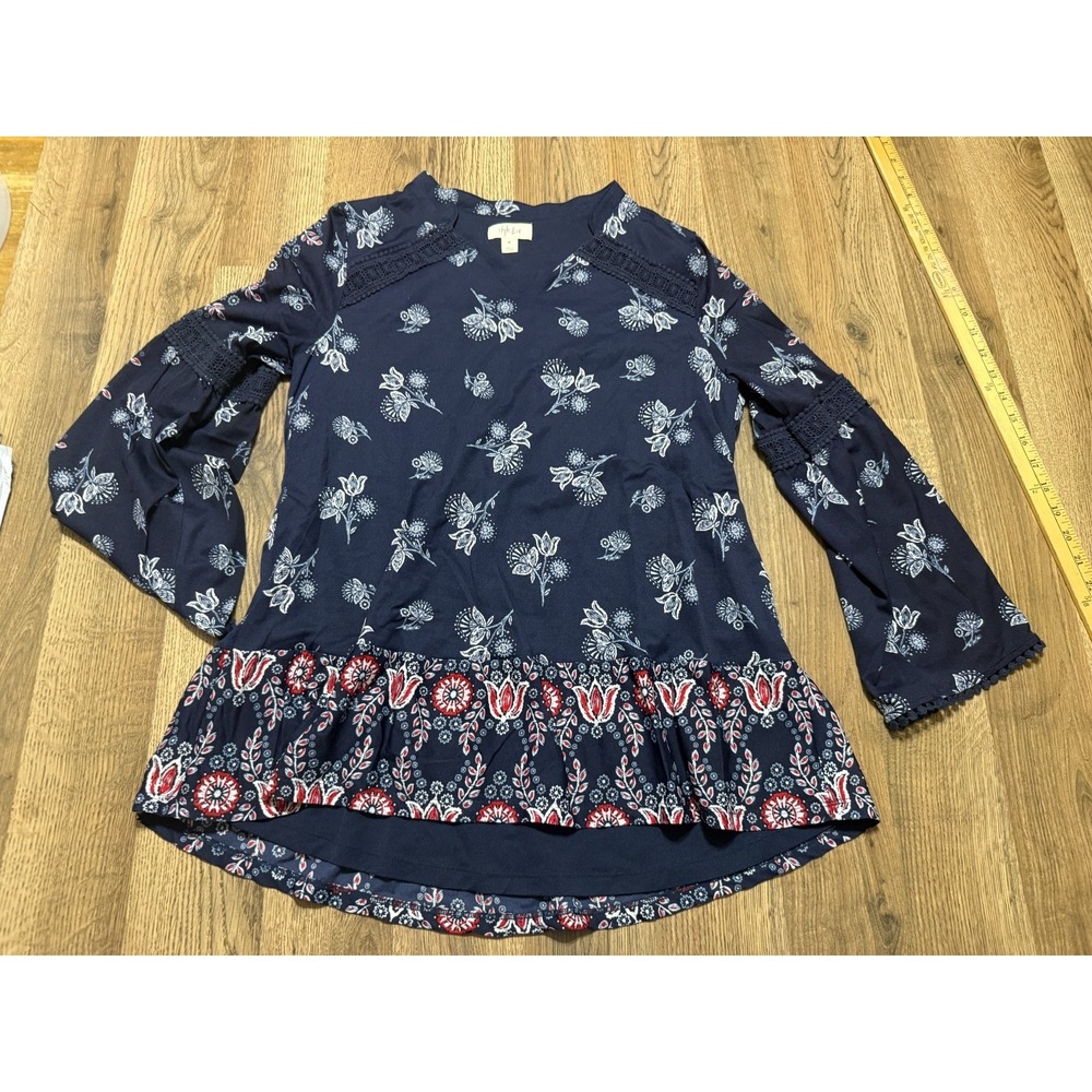 Style & Co. Shirt, Women's Size Medium, Blue White Red Floral Long Sleeve Boho